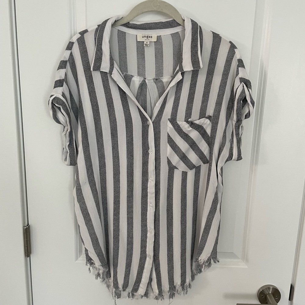 Umgee Striped, Button Down Top With Fringed Hem - image 1